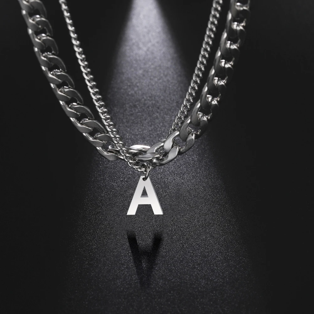 Skyrim A-Z Initial Letter Alphabet Punk Men Necklace Stainless Steel Double Layer 7mm Cuban Link Chain Hip Hop Jewelry Hot