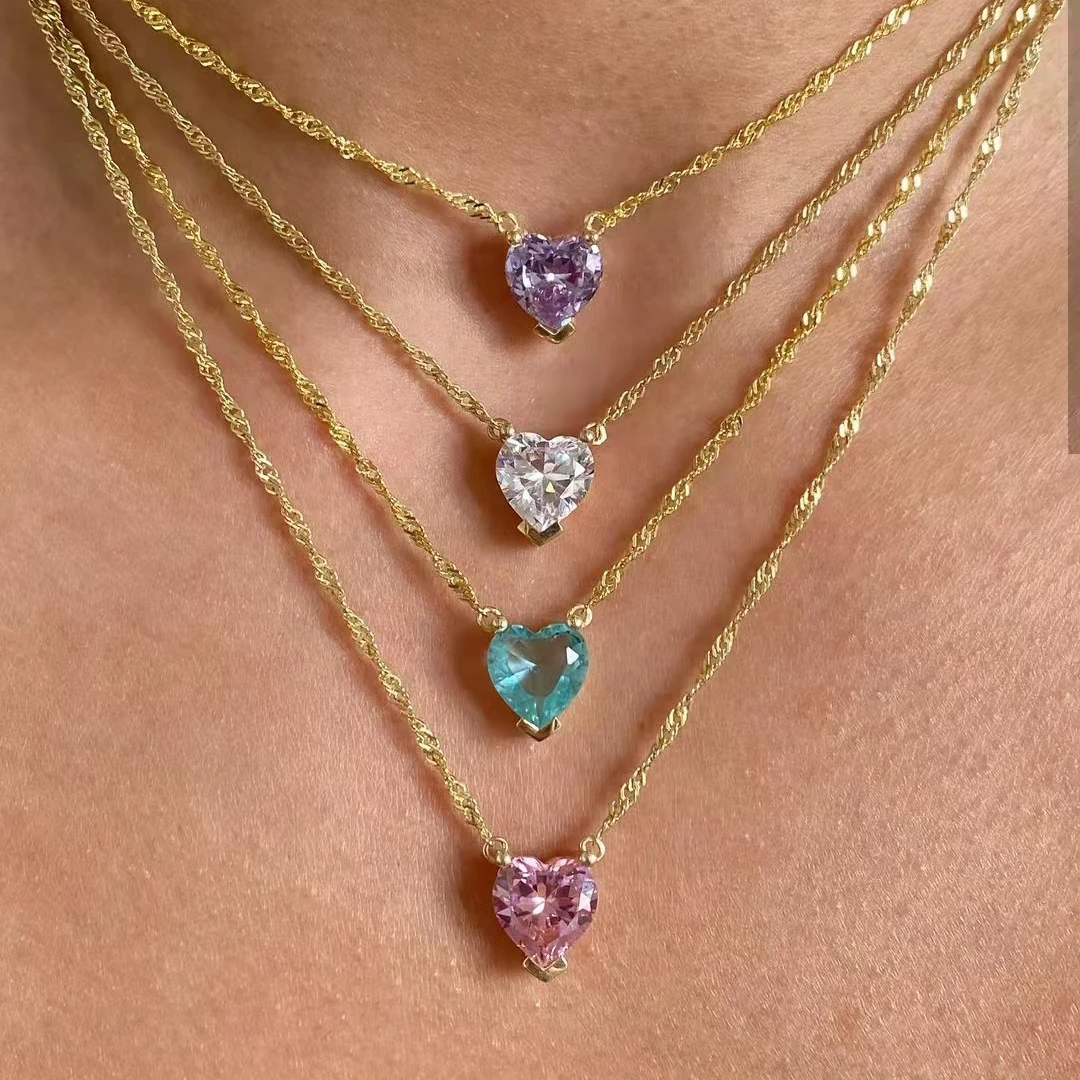 Collar de corazón de cristal cúbico bohemio, joyería de acero inoxidable de oro de 18k, colgante azul, y blanco, collar de circonita AAA para amantes|Collares colgantes| - AliExpress