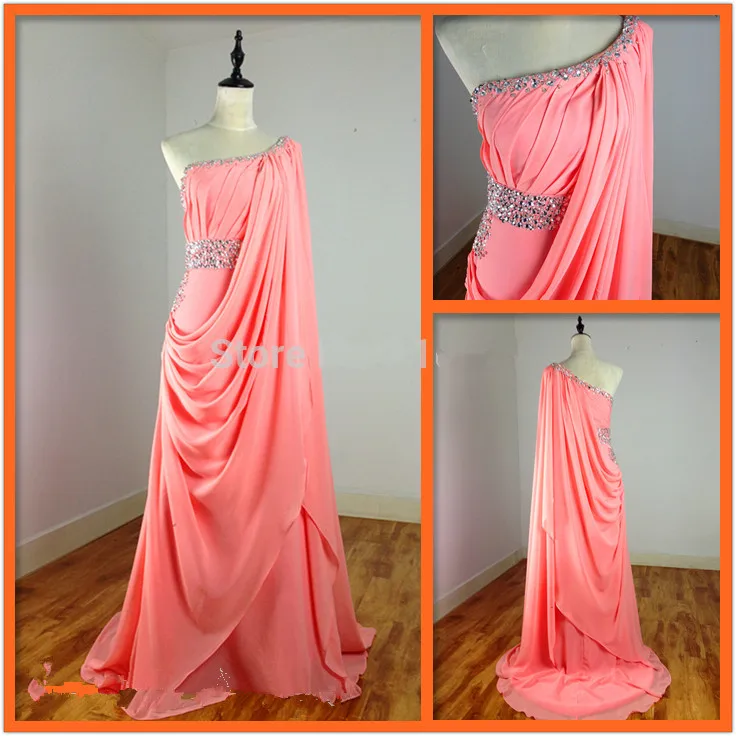 

actual lmages summer style Long Prom dresses 2015 New style Chiffon Vestidos One shoulder Beaded Sequined Crystal Evening dress