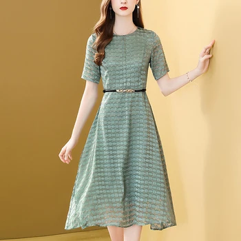 

Gedivoen Fashion Runway Short Sleeve Summer Dress Women Solid Simple Belt Slim Dress High Street Midi Dresses Vestidos