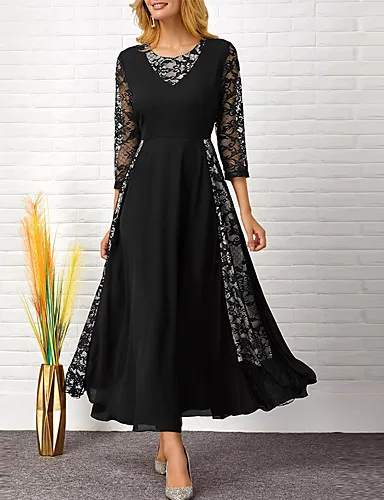 Женское сексуальное кружевное лоскутное маленькое черное платье на каждый день с рукавом 3/4, сказочное макси платье, женские вечерние платья, вечерние платья для женщин - Цвет: Черный
