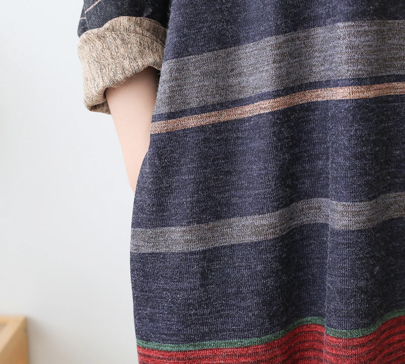 New Autumn Maxi Dresses for Women Casual Loose Long Sleeve Dress Women Knitting Striped Rabbit Hair Printed Robe Winter Vestidos