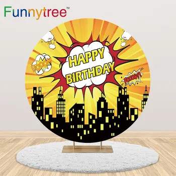 

Funnytree Superhero Circle Round Backdrop cover Birthday Party Comics Baby Customized background Photozone Wallpaper Decoration