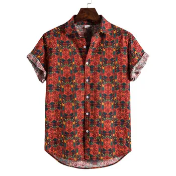 

Men Linen Ethnic Short Sleeve Casual Printing Hawaiian Shirt Blouse Plus Size m-3XL Shirts рубашка мужская chemise homme # 13141