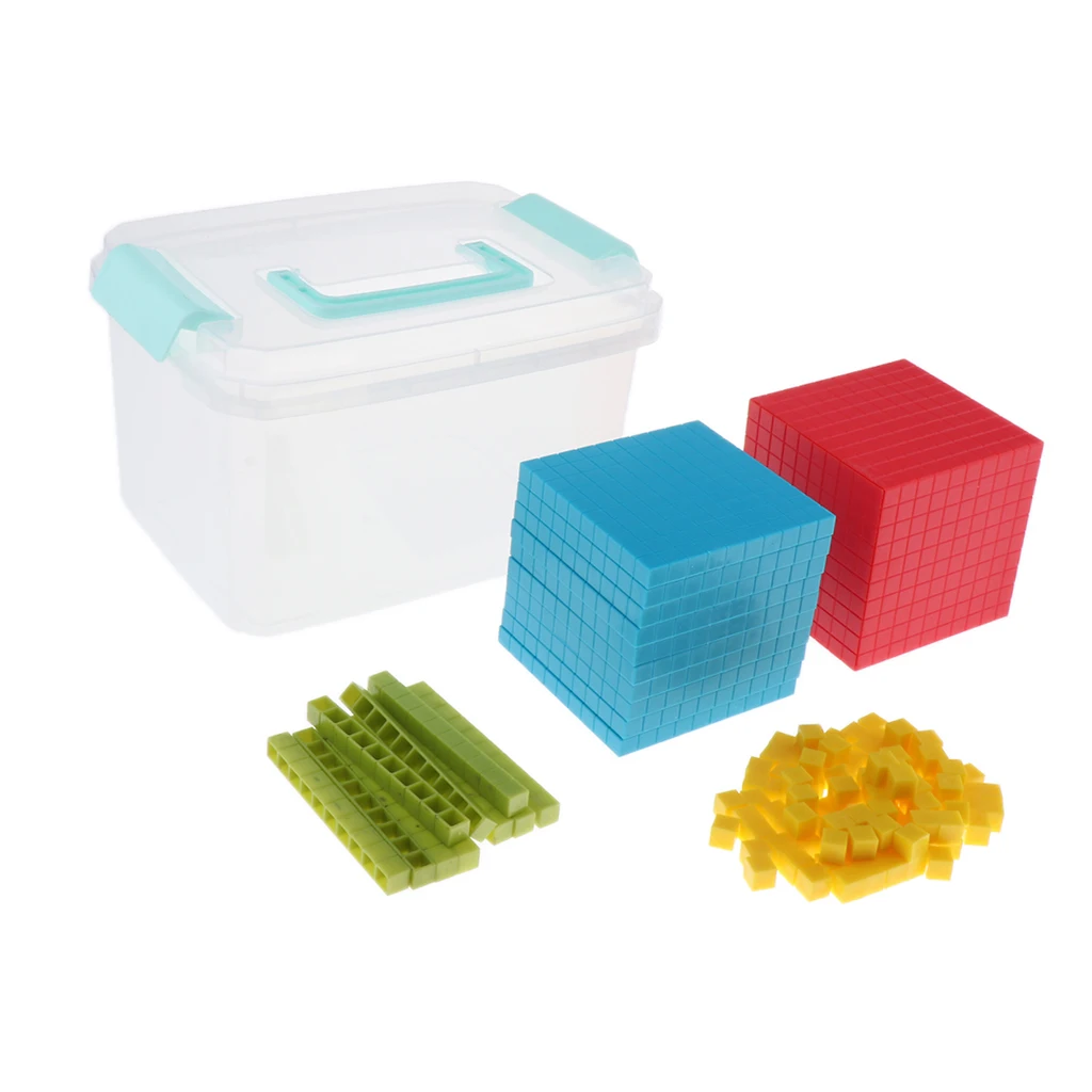 Children Montessori Math Materials, Decimal Group Cube Blocks with Box- 4 Colors Represents Ones, Tens, Hundreds and Thousand