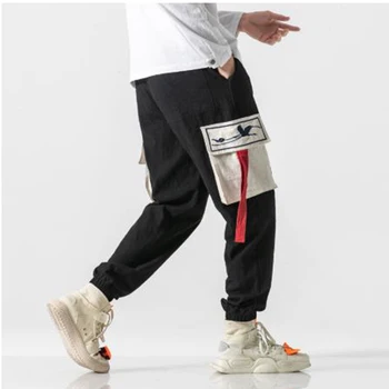 

Men Embroidery Ribbons Splice Cargo Pants Male Street wear Hip Hop Loose Casual Harem Trousers China Style Joggers Sweatpants