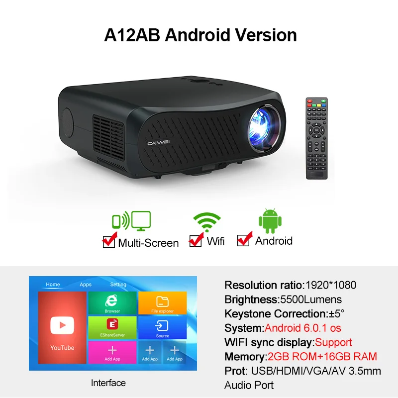 CAIWEI A12 Full HD Домашний кинотеатр Android 6,0 Bluetooth 1920*1080P lcd 4k WiFiProjector с соотношением 10000:1 Led кинотеатр смартфон - Цвет: A12AB