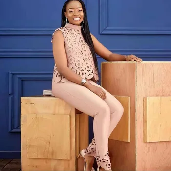 

Elegant Office African Sets for Women Elastic Bazin African Clothes 2 Two Piece Set Top and Pants Dashiki Famous Suit for Lady