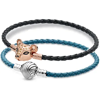 

Moments Seashell Clasp Turquoise Rose Lioness Black Leather Bracelet Bangle Fit Europe Bracelet 925 Sterling Silver Bead Charm