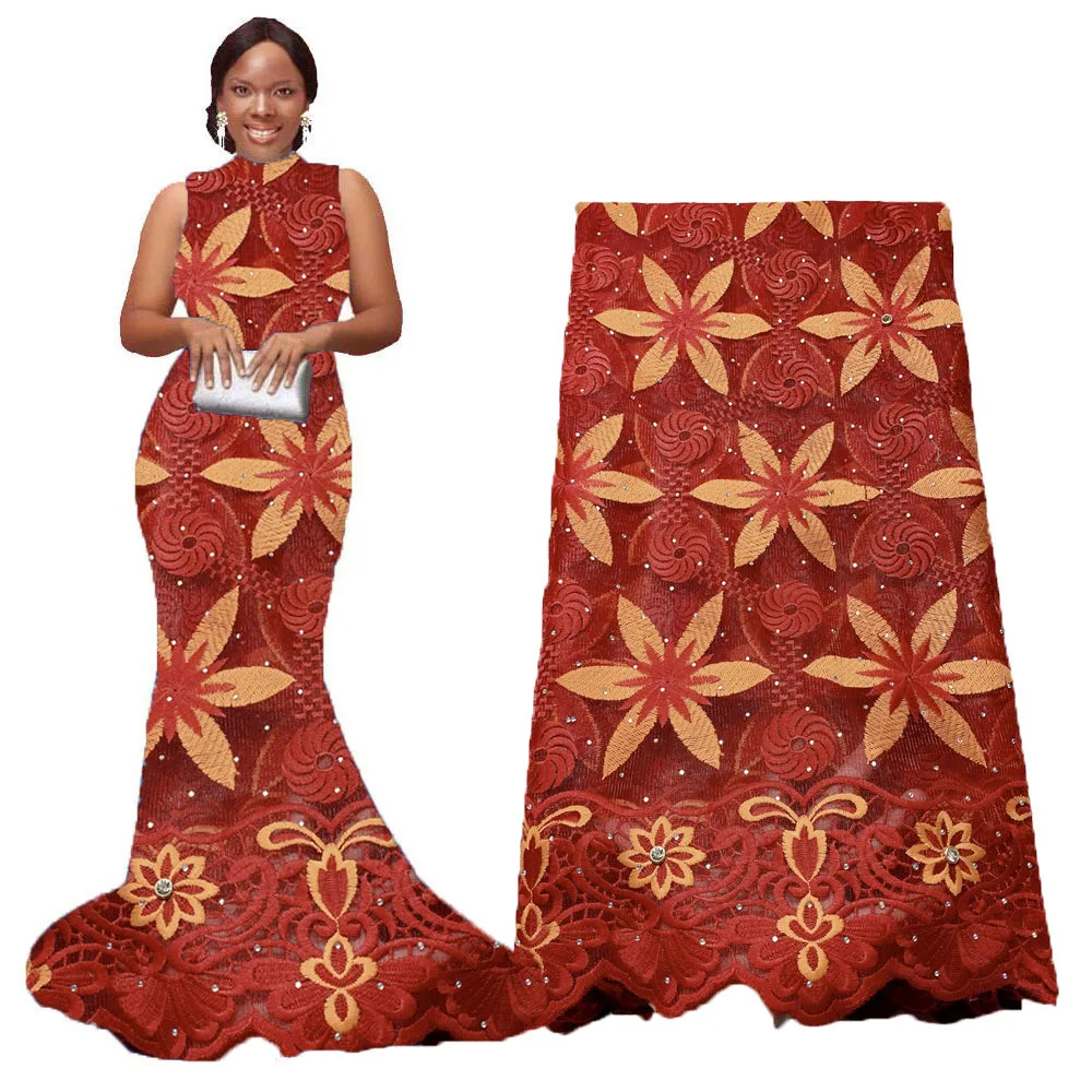 

2019 lastest high quality French Nigerian sequins net lace burnt orange African tulle mesh lace fabric for dress 5yards/lot