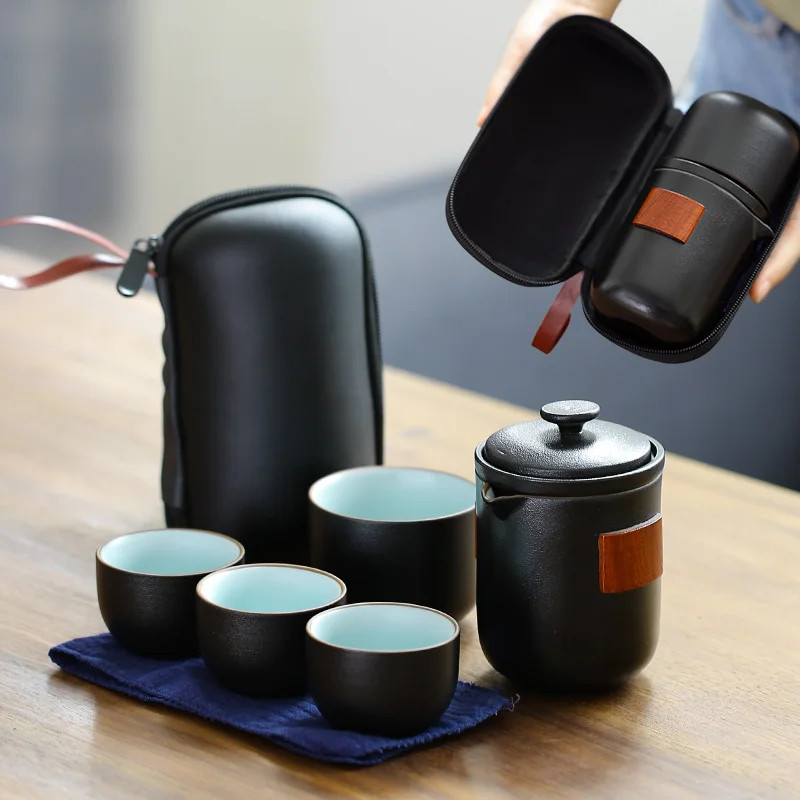 

LUWU black crockery ceramic teapot gaiwan with 4 cups a tea sets portable travel tea set drinkware