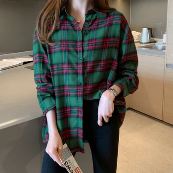 

Brand Designer Classic Plaid Fall Shirt 2020 Singer Breasted Long Sleeve Yellow Green Women Shirts 2XL Oversized Shirt Woman