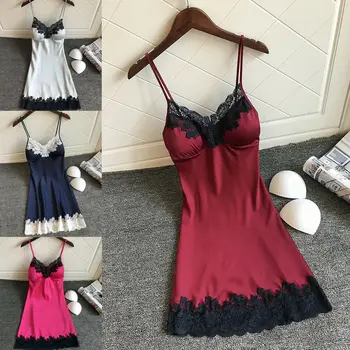 

Sexy Women Lingerie Silk Lace Backless Short Mini Dress Nightdress Nightgown Babydoll Strap Solid Color Sleepwear Night Dresses