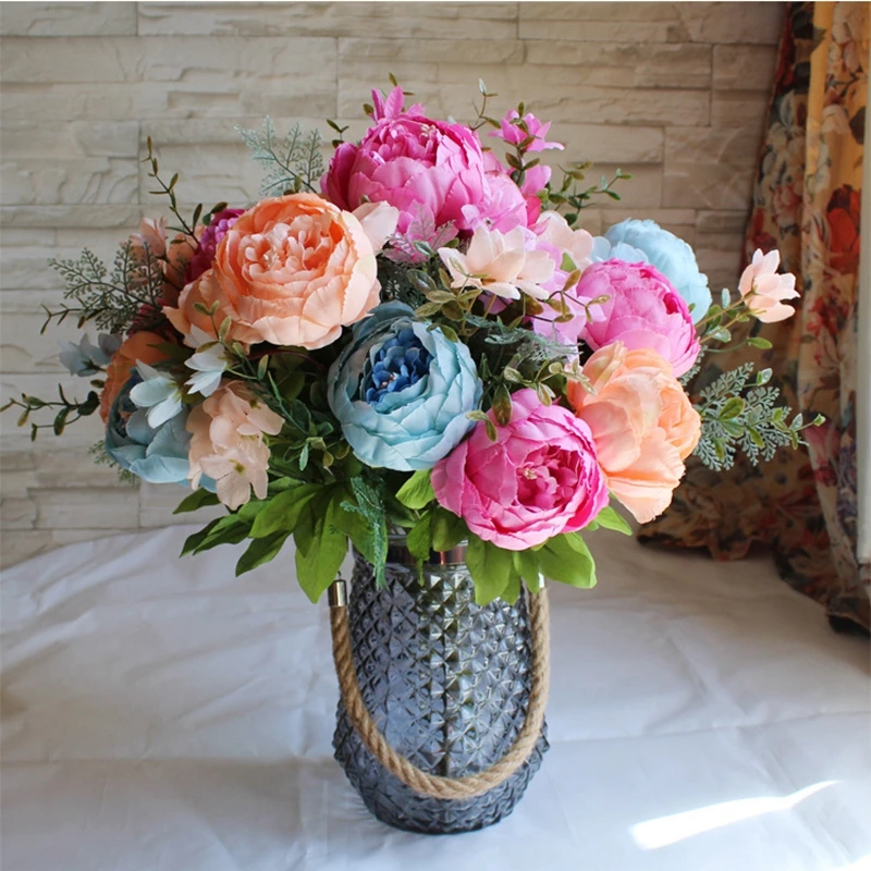 

HIGHT Quality silk flower European 1 Bouquet Artificial Flowers Fall Vivid rose Peony Fake Leaf Wedding Home Party Decoration