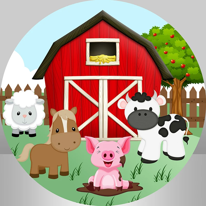 Primeiro Birthday Party Photo Background Animais dos Desenhos Animados Vaca Vermelho Fazenda Pano de Fundo Redondo Bandeira Cilindro Capas Baby Shower - Image 2