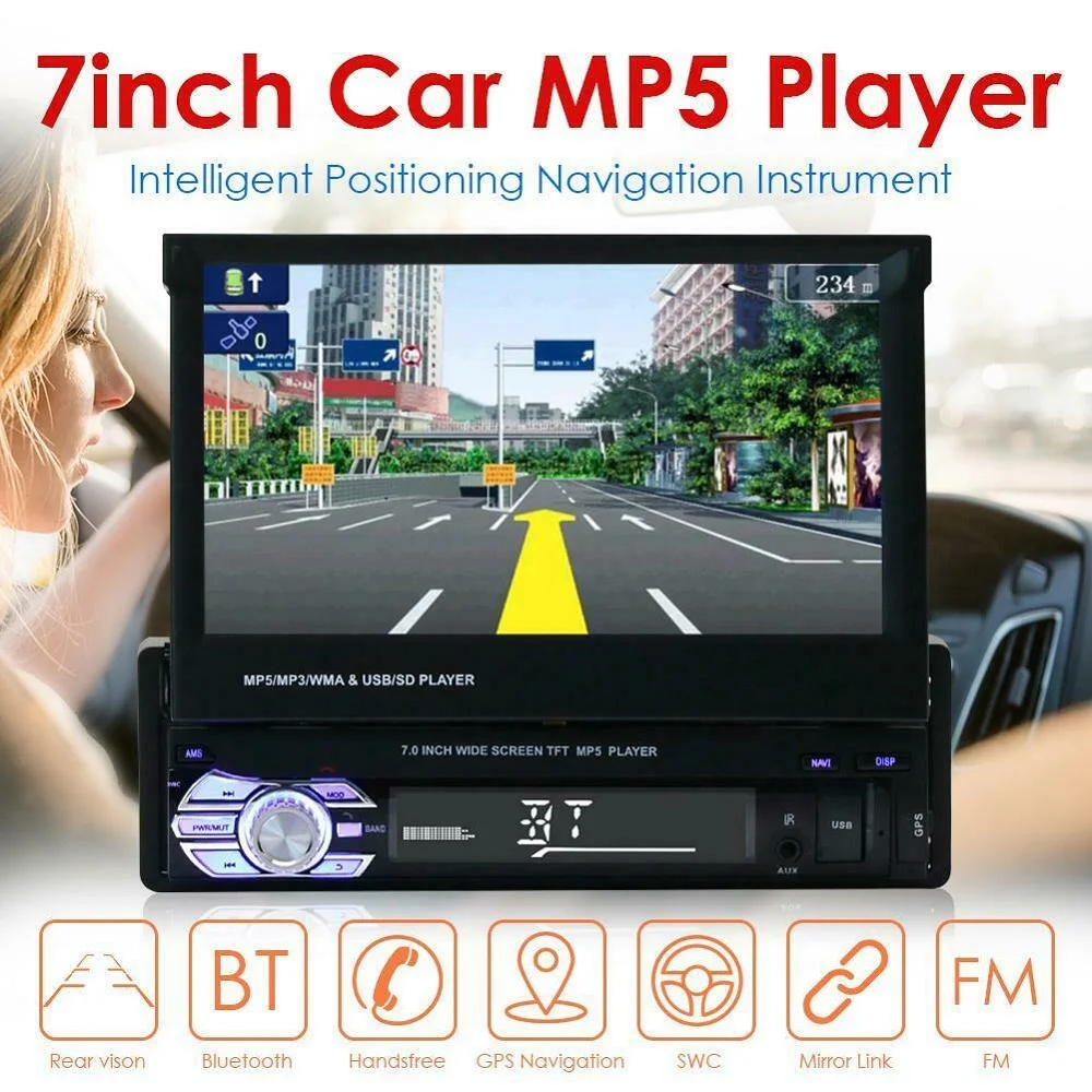 7 дюймов авто MP5 плеер AM FM радио gps навигации выдвижной 1 DIN Сенсорный экран bluetooth-приемник USB для автомобильных аксессуаров