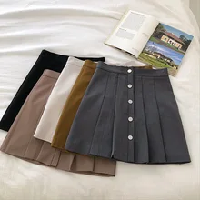 Милая плиссированная юбка Harajuku, однобортная однотонная женская юбка с высокой талией, элегантный дизайн, шикарные женские повседневные мини-юбки на пуговицах