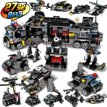 

SWAT Police Trucks Black Eagle Special Team Command Car City Helicopter War Soldier Figures Building Blocks Toys for Children