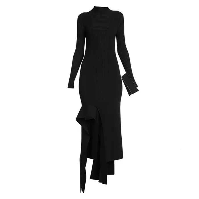 LANMREM осеннее и зимнее вязаное платье с высоким воротником и расклешенными рукавами, длинное трикотажное платье, пуловер для женщин, vestido WJ402