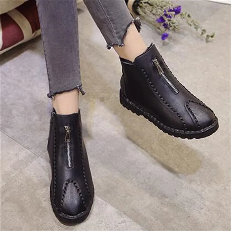

Winter Fashion Flats Shoes Women's PU Leather Handmade Ankle Boots Casual Comfortable Warm Woman Zip Snow Boots black Eu 35-40