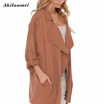 

Women Fashion Long Sleeve Cardigan Trench Coats Spring Autumn Solid Casual Lapel Ladies Outerwear Slim Pockets Jackets Overcoats