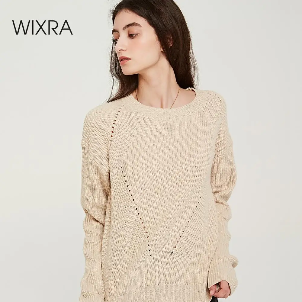 Wixra Women Casual Sweaters And Pullovers 2019 Autumn Winter Loose O Neck Solid Hollow Out Knitted Sweater | Женская одежда