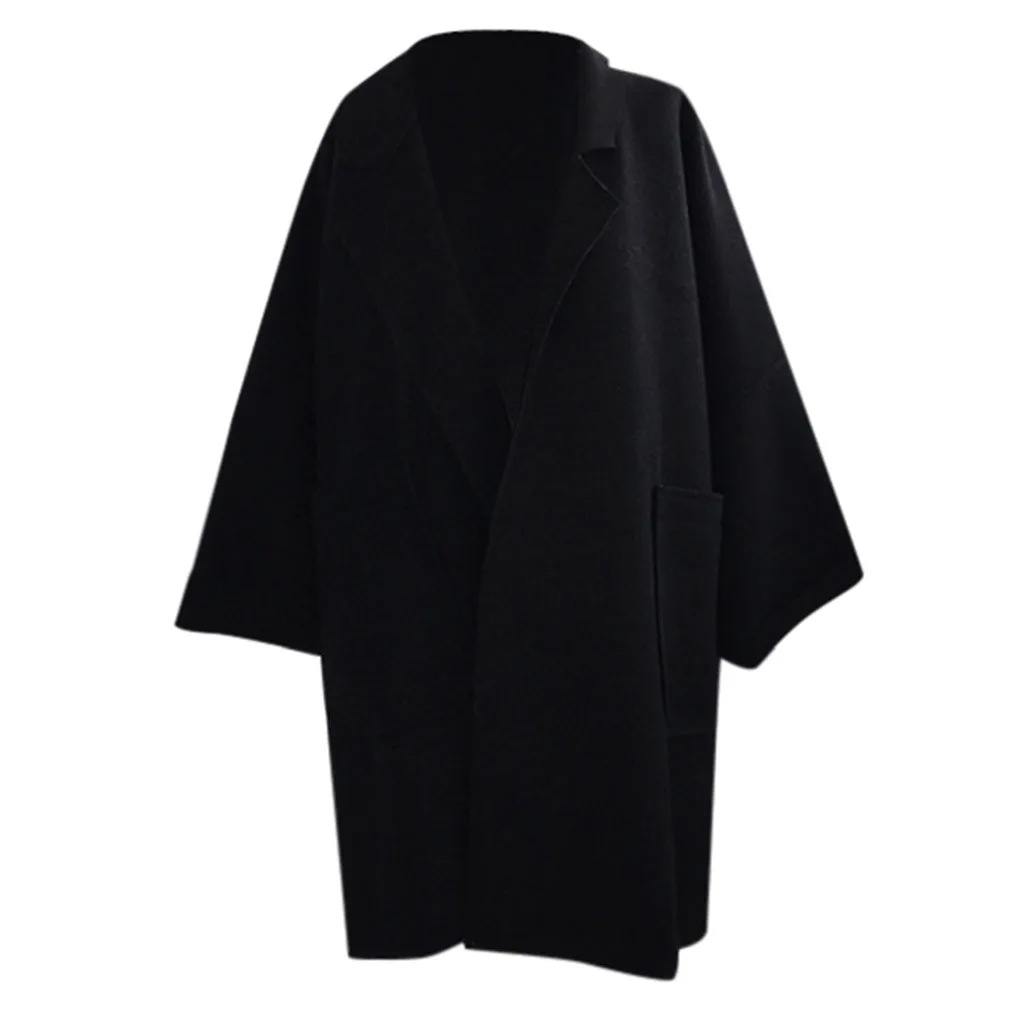 Модный женский Кардиган с длинным рукавом и карманом, Повседневный, шерсть, свободные топы, Тренч, пальто, зимний Корейский стиль, длинное однотонное Свободное пальто