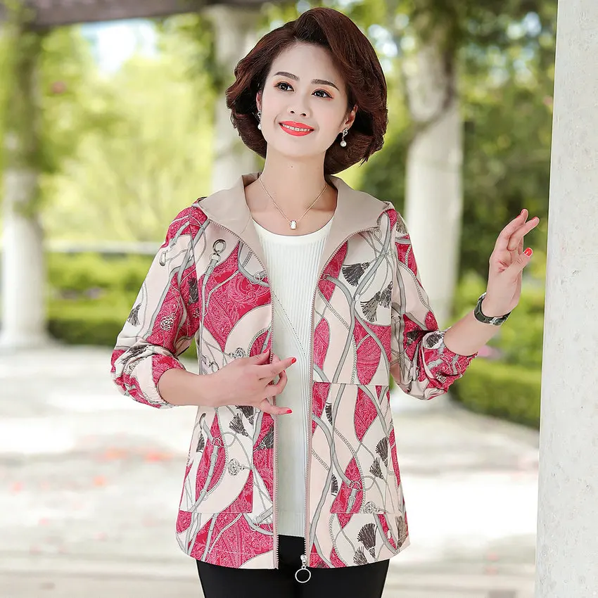 

Woman Autumn Hooded Jacket Red Green Blue Printing Coat With Hood Zip Up Outerwear Lightweight Mujer Chaqueta Plus Size Clothes