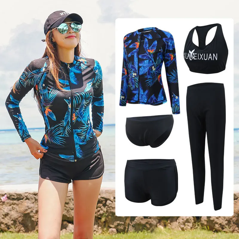 

Women's 5 piece set Rash Guards Full Long Sleeve and Legs Swimsuit UV Sun Protection Zip up Top & Bottoms Swim Surf Boat Shirt