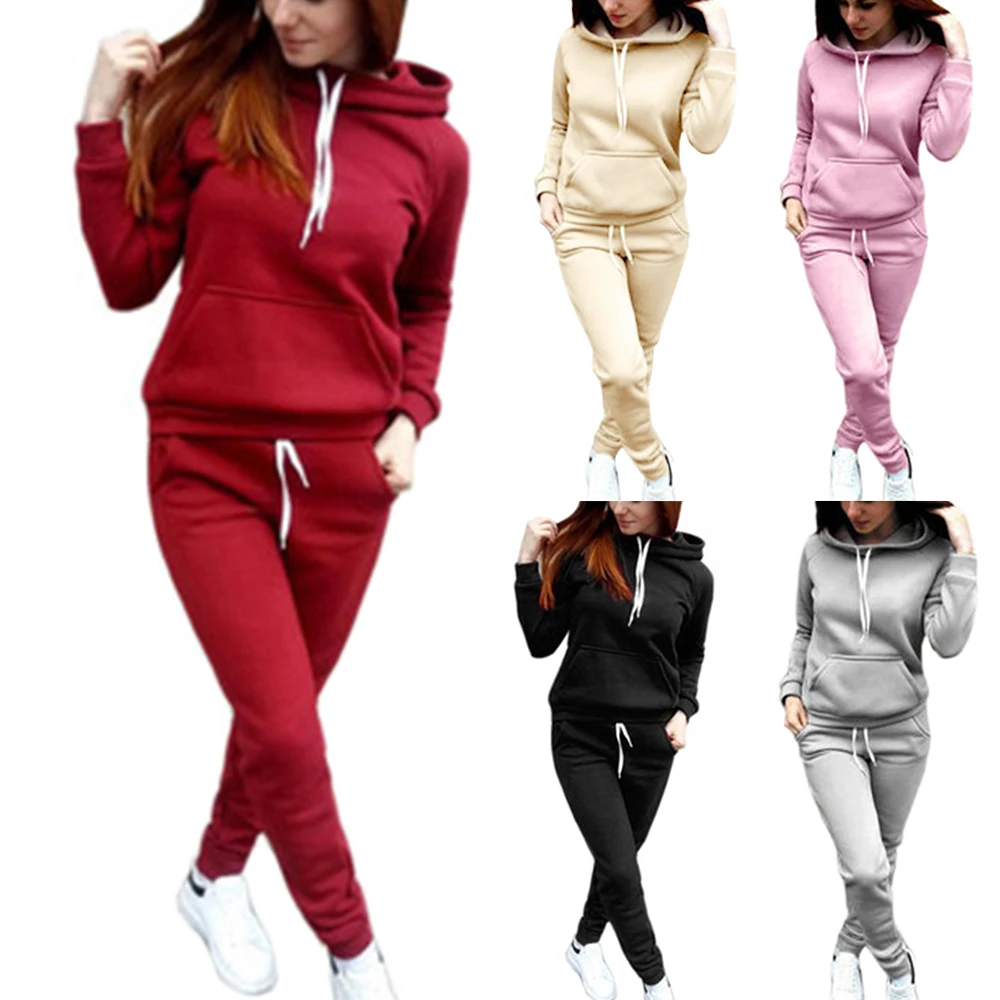 SHUJIN Autumn Women Hooded Sweatshirt Sets Casual Joggers Pockets ...