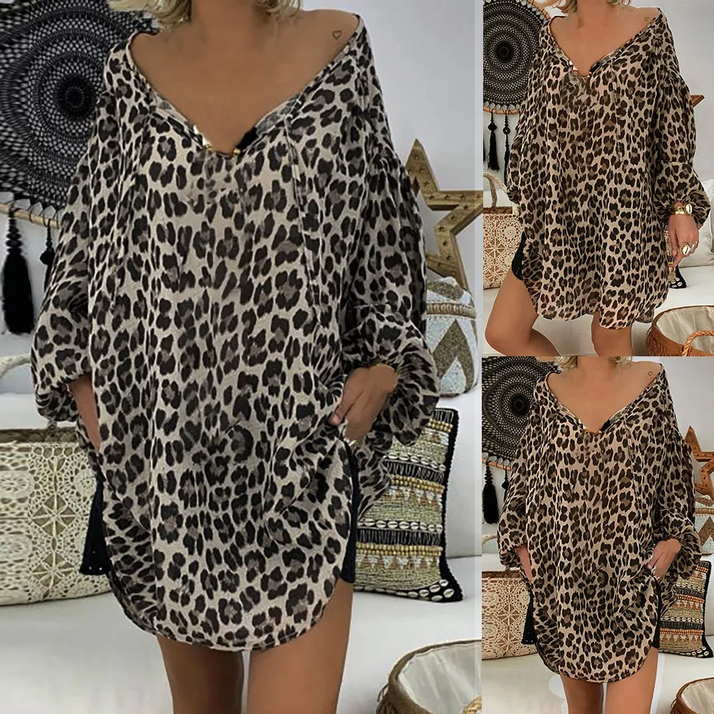 

Women's Loose Plus Size Leopard Print Long Sleeve V-neck Pullover Tops Shirt vetement grande taille pour femme