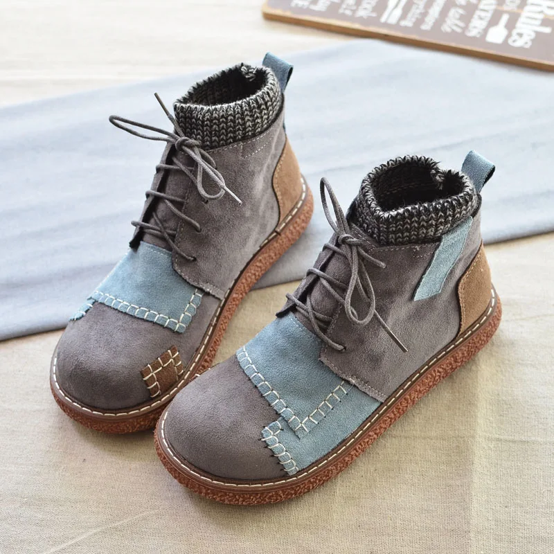 

Color Matching Thick-Sole Big Head Doll Shoes Plus Velvet Martin Boots Literary Retro Womens Short Boots Mori Girl Ankle Boots