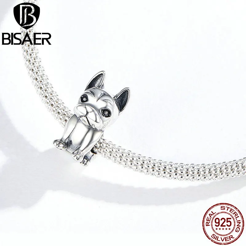 

BISAER 100% 925 Sterling Silver Cute Animal Series French Bulldog Charm Pendants fit Bracelets & Necklaces DIY Jewelry HSC1306