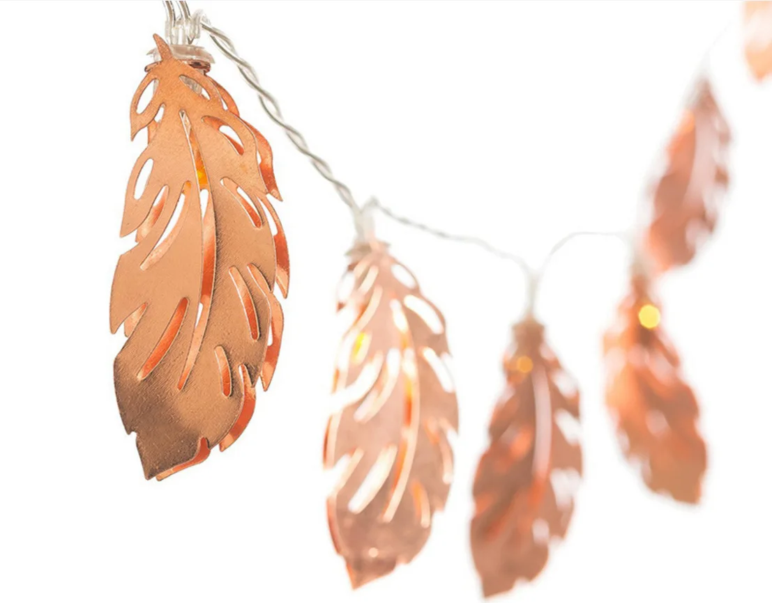 

10LED string new rose gold wrought iron feather leaf battery lamp bedroom party decoration Christmas lights string
