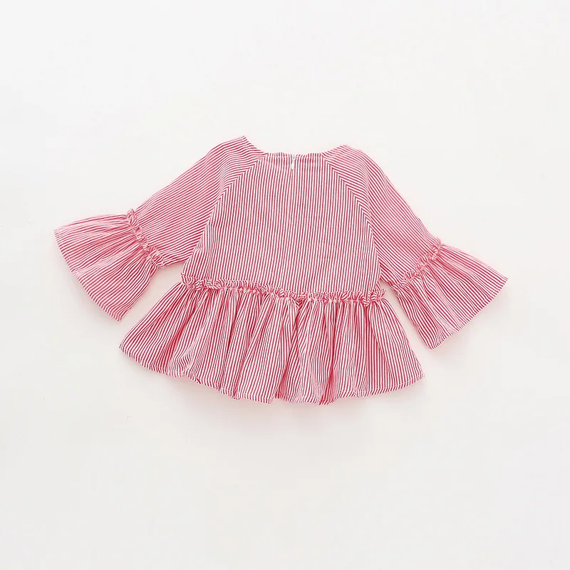 

19 Years Autumn Girls Doll Shirt Small CHILDREN'S Stripes Pure Cotton Flounced Sleeves Shirt Korean-style 1-5-Year-Old