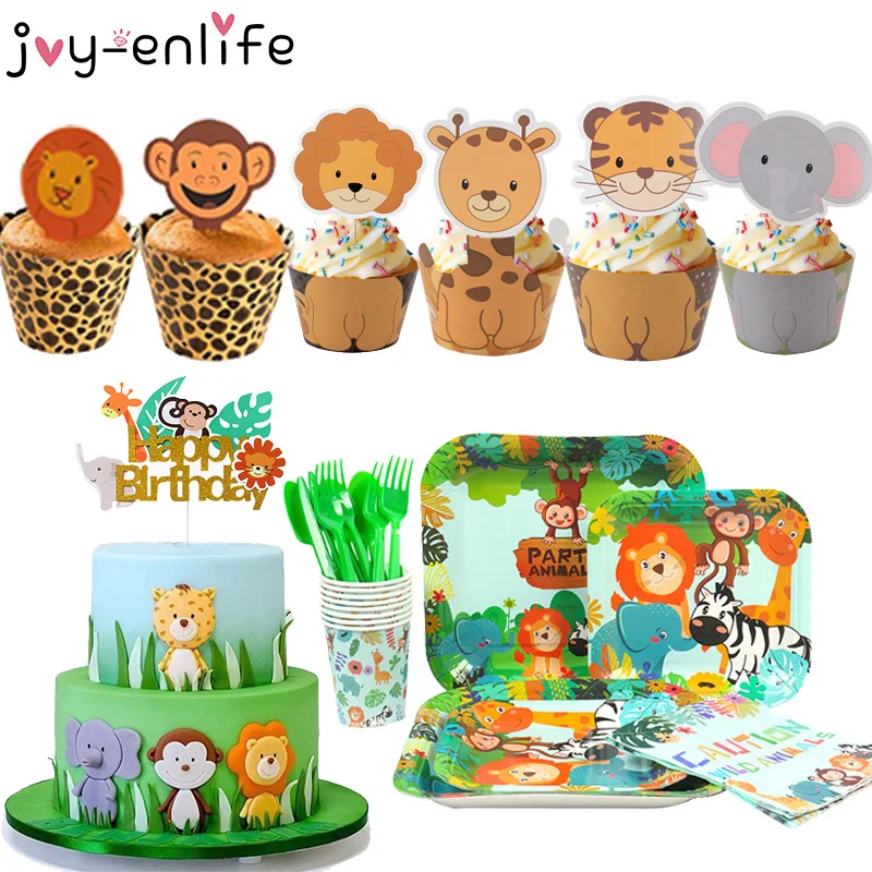 

Праздничная посуда Joy-Enlife для мальчика, зоопарк, обезьяна, лев, джунгли, топперы на торт для вечеринки, тема сафари, бумажный стаканчик, тарелка, обертка для кексов, Декор