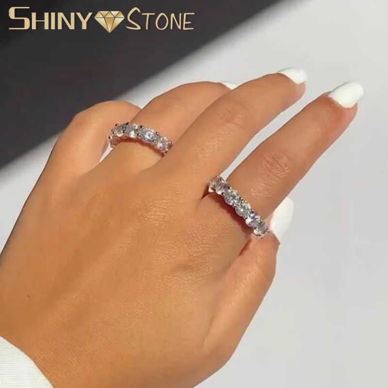 Round CZ Promise Band Stacking Ring Luxury Style Sterling Silver Eternity Ring 