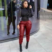 

Sexy Pu Leather Pants Women Clothing 2021 Ladies Lace Up High Waist Trousers Y2k Clothing Night Clubwear Wine Red Pant