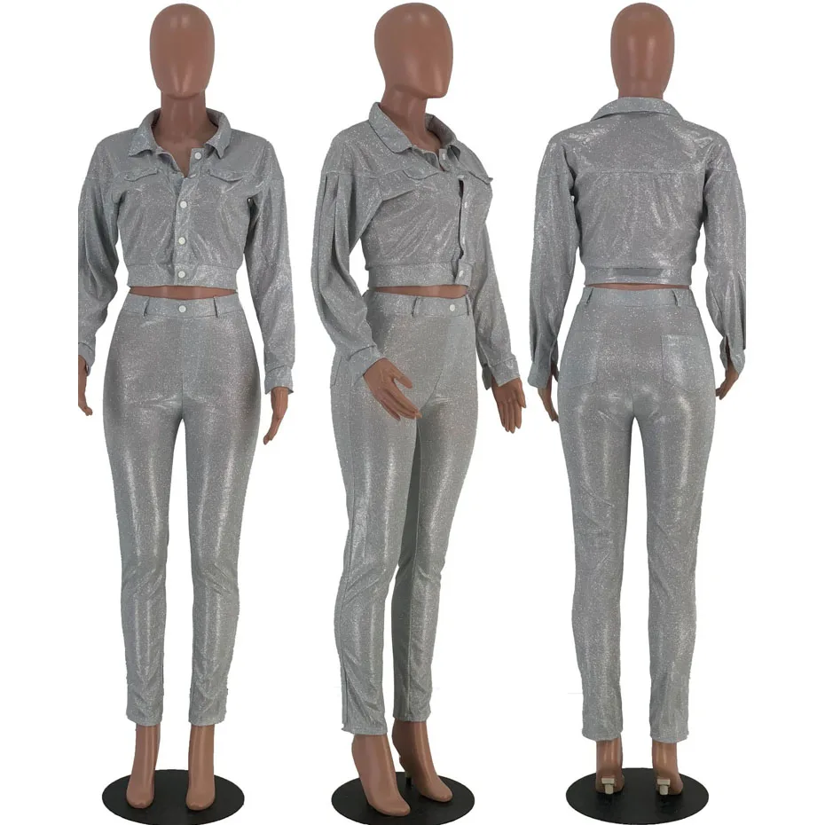 HAOYUAN Sexy Shiny Two Piece Set Women Fall Festival Clothing Crop Jacket Top Pant Birthday Club Outfits 2 Piece Matching Sets