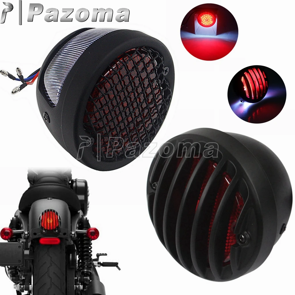 12V Universal Motorcycle LED Tail Light W/Retro Grill Grid Mask Rear lamp For Harley Cafe Racer Chopper Bobber Honda BWM |