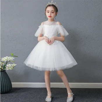 

Summer Elegant New Kids Baby 3~13Years White Color Birthday Wedding Party Princess Mesh Prom Dress Children Host Costumes Dress