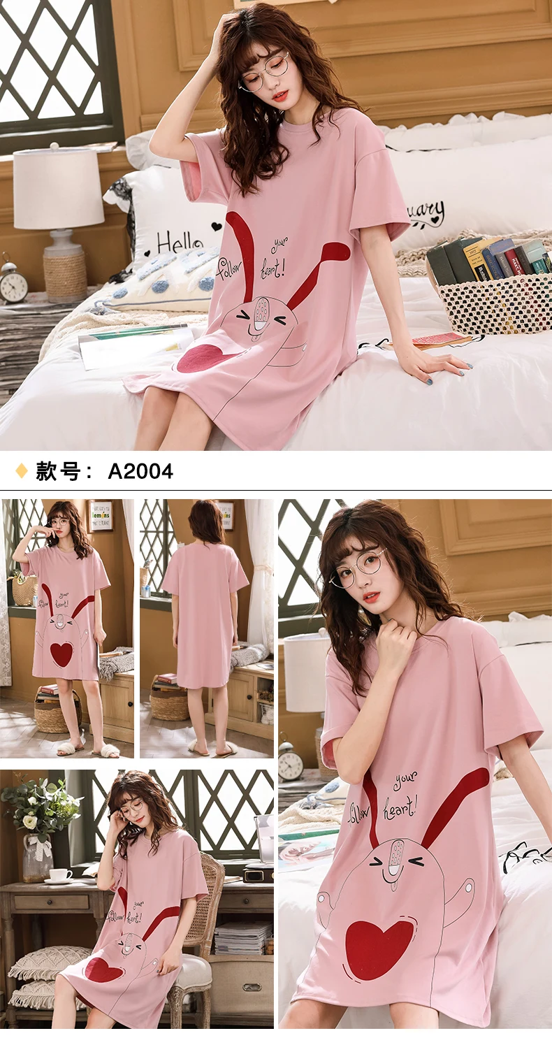 Girl New Short Sleeve Cartoon Printing Pink Night Gown Night Wear Fashion Style Casual Style Home Dress Sleep Dress Long Shirt