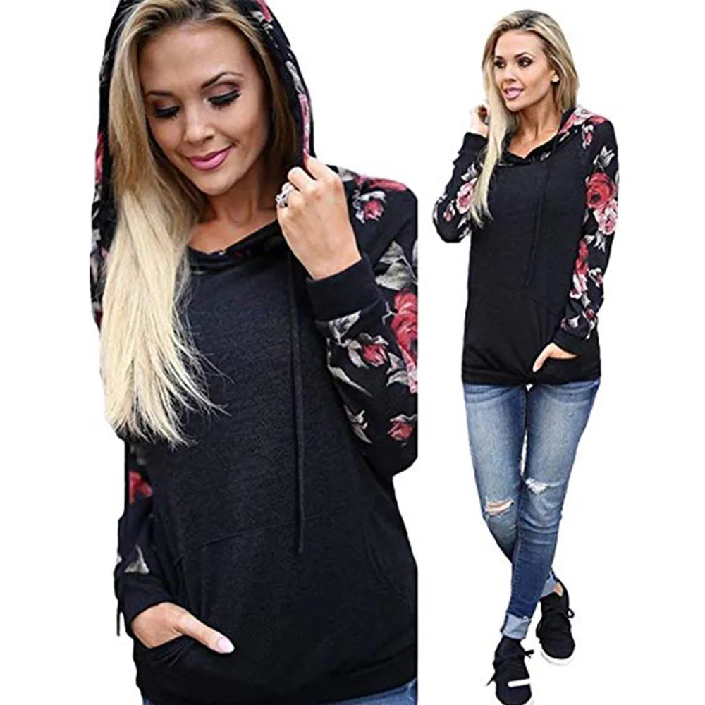 

Fashion Women Long Sleeve Sweatshirt Casual O Neck Stand Printed Pocket Drawstring Pullover Top Women Winter Fall Clothes 2019