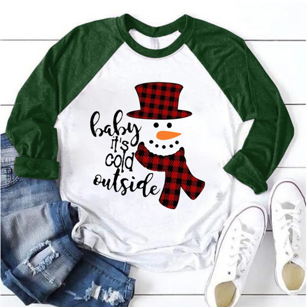 Женская рождественская футболка со снеговиком,, Рождественская, новогодняя, Рождественская футболка, пуловер, топы, повседневные женские Лоскутные футболки, Mujer