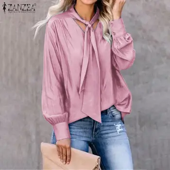 

Stylish Women Bow Tie Shirts ZANZEA Elegant V Neck Long Sleeve Blouse Spring Work OL Blusas Femininas Solid Tunic Tops Chemise