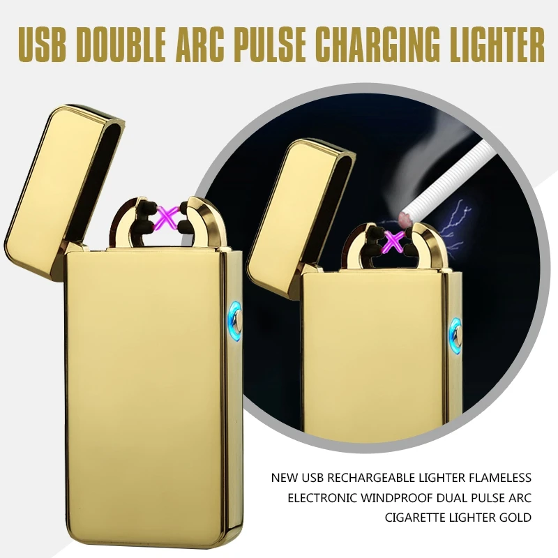 Promotion! New USB Rechargeable Lighter Flameless Electronic Windproof Dual Pulse Arc Cigarette gold | Дом и сад