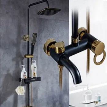 

Black Gold Shower Set With shelf ABS plastic Shower Head and Hand Shower Hot Cold Rotation