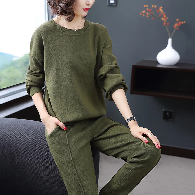 

Green Knitted Sweater Tracksuit For Women Fall 2 Piece Set Sweatshirt Casual Suit Clothing Knit Sportsuit Female Matching Co-ord