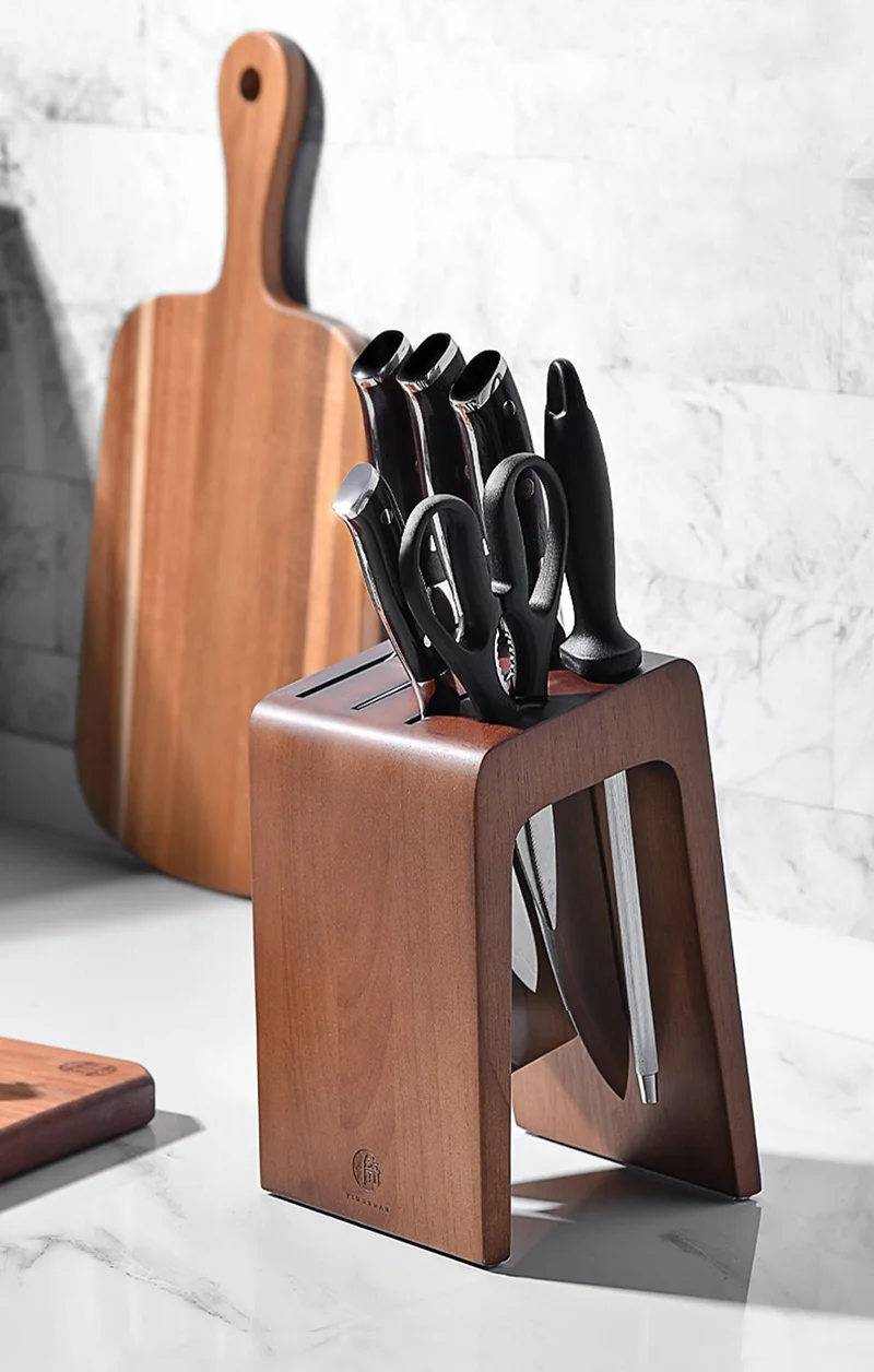 Rubber Wood n Shape Knife Rack 6 Holes Santoku Slicing Chef Knife Holder Kitchen Knife Block Knives Storage Stand Accessories