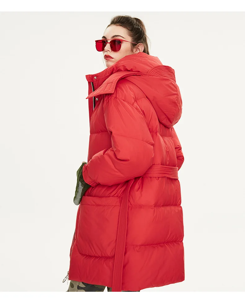 AIGYPTOS winter new women's long red and belt fashion style down jacket hooded jacket
